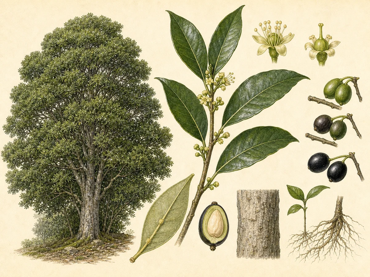Prancha botânica de Laurus novocanariensis com árvore, folhas alternas, domácias, flores masculinas e femininas, drupas negras, casca e raízes