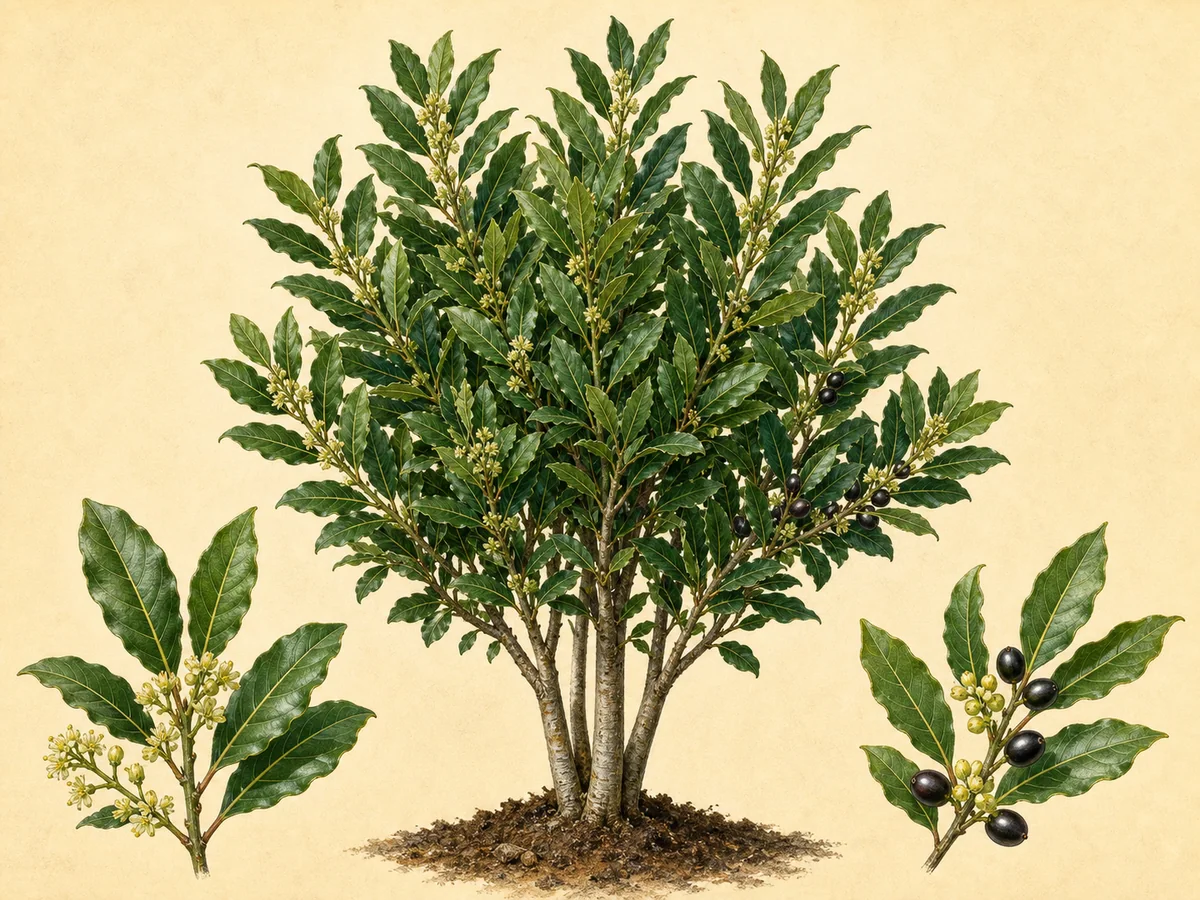 Ilustração botânica de um loureiro perene com folhas aromáticas, flores claras e bagas escuras