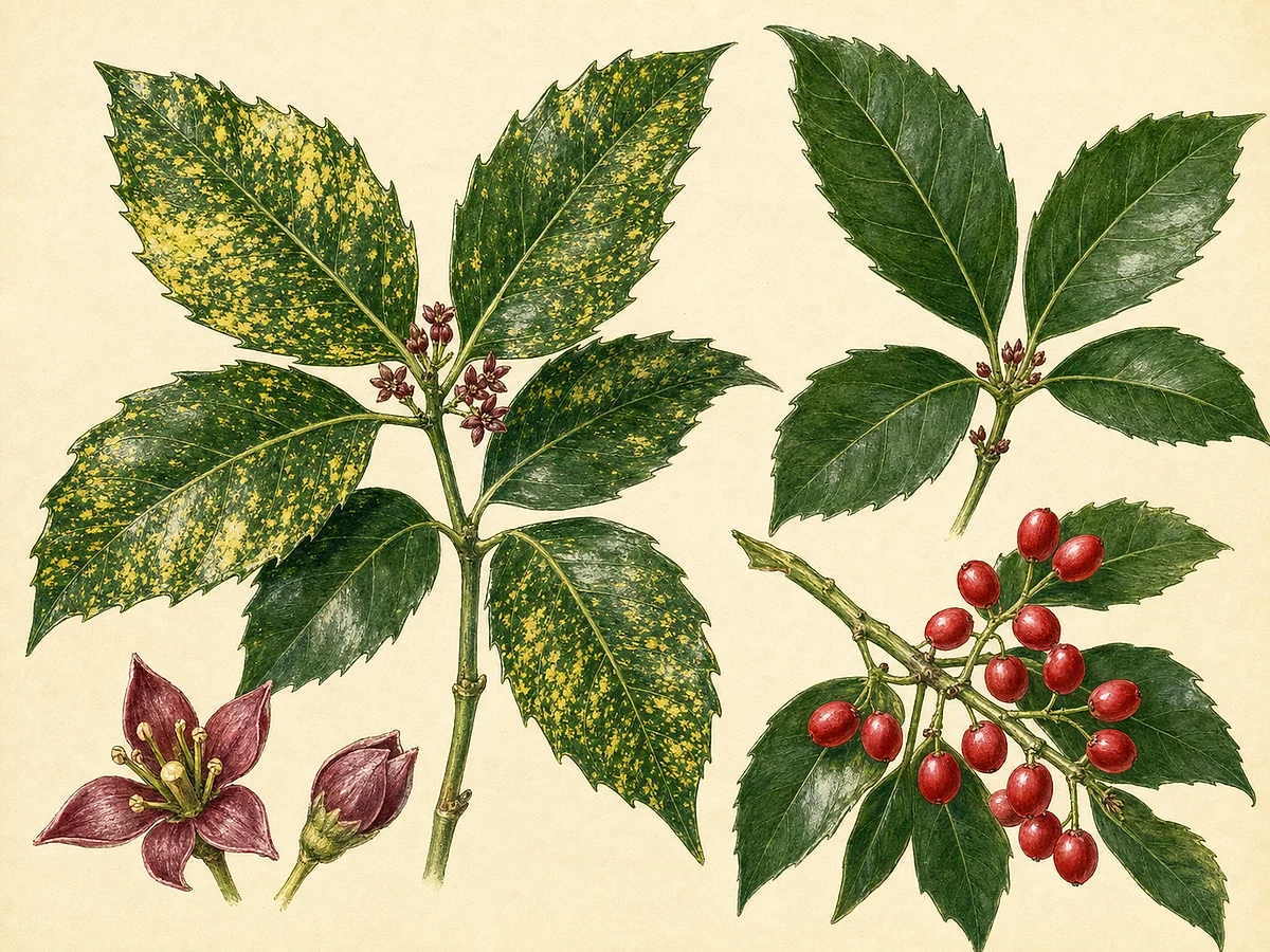 Prancha botânica de Aucuba japonica com folhas grandes opostas brilhantes e serradas, pequenas flores púrpura e bagas vermelhas em planta feminina