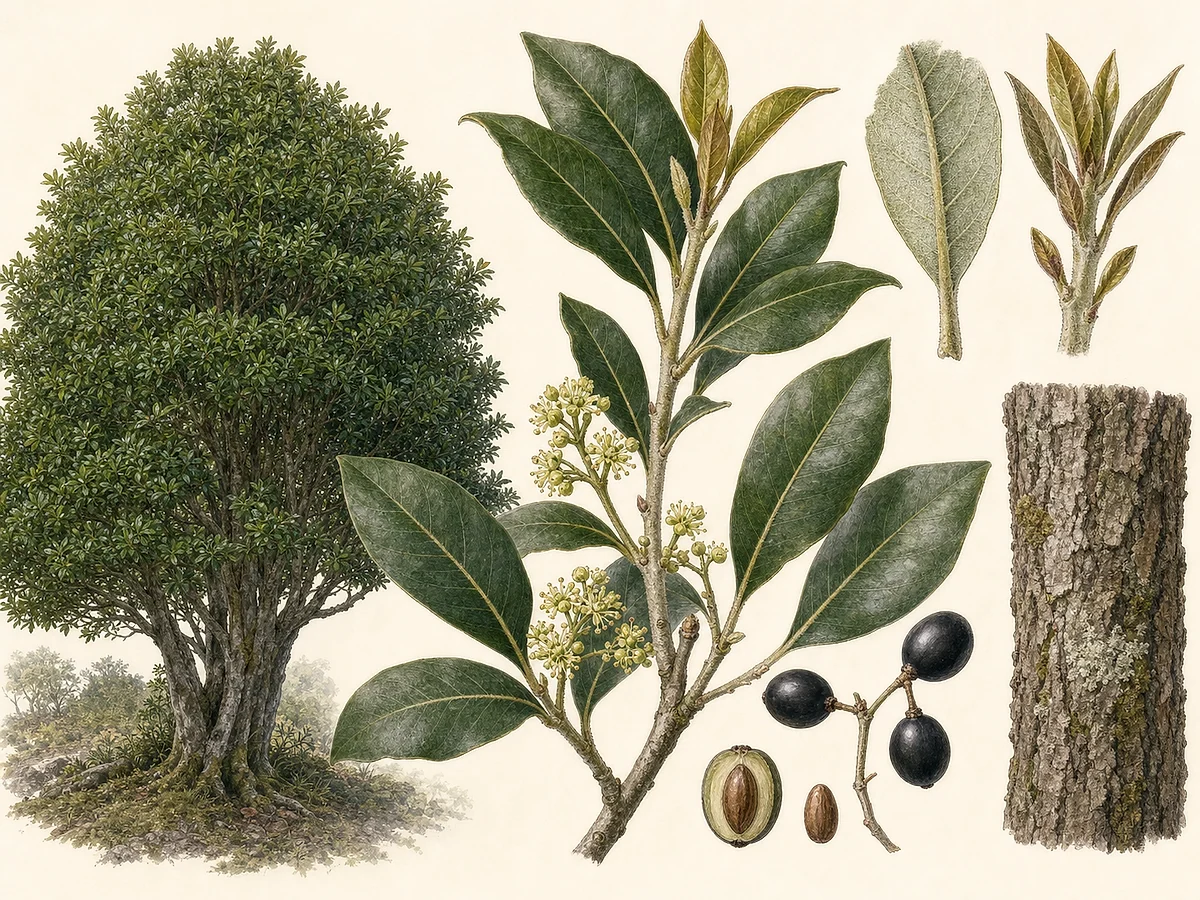 Prancha botânica de Laurus azorica com árvore perene, folhas jovens tomentosas, pequenas flores, drupas negras e ramo de floresta húmida