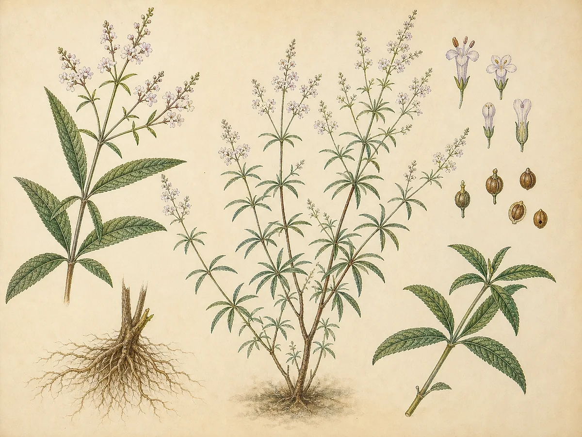 Ilustração botânica de lúcia-lima com arbusto ramificado, folhas lanceoladas em verticilos, panículas de pequenas flores lilases, frutos e estaca