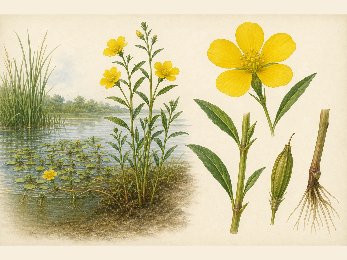 Prancha ilustrada de Ludwigia grandiflora com caules flutuantes enraizados nos nós, rebentos floríferos verticais, folhas alternas lanceoladas, flores amarelas grandes de cinco pétalas e cápsula