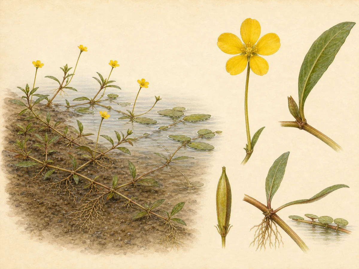Prancha ilustrada de Ludwigia peploides com caules rastejantes sobre lodo e água, raízes nos nós, folhas alternas ovais, flores amarelas de cinco pétalas em pedúnculos longos e cápsula
