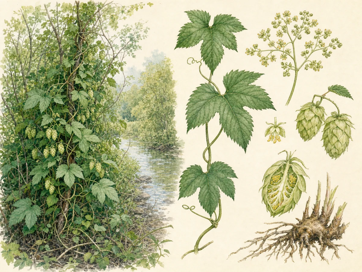 Prancha botânica de Humulus lupulus com rizoma, caule áspero volúvel, folhas opostas palmado-lobadas, flores masculinas e cones femininos com glândulas amarelas