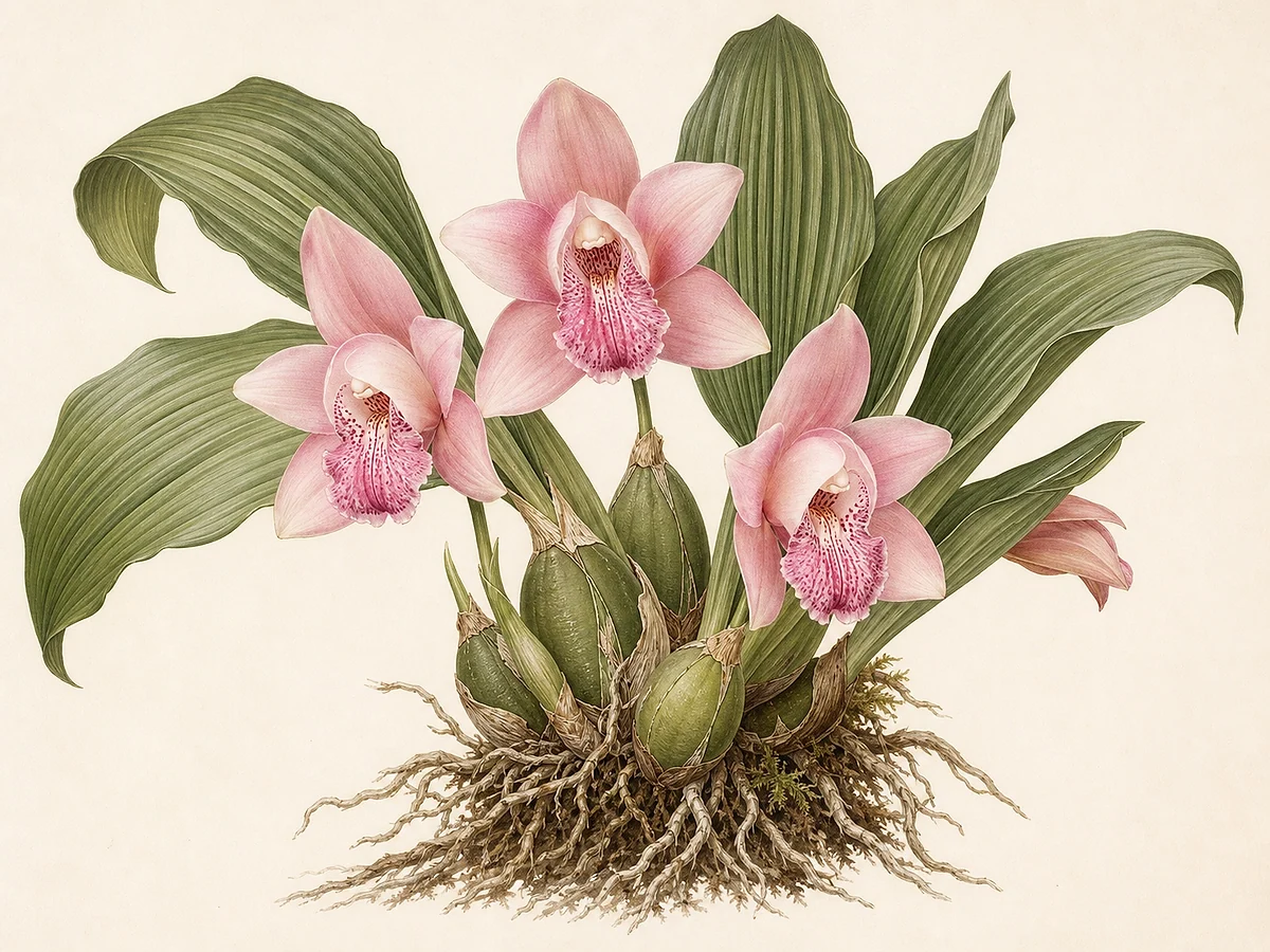 Prancha botânica de Lycaste virginalis com pseudobulbos, folhas plissadas, flor rosada cerosa e raízes epífitas