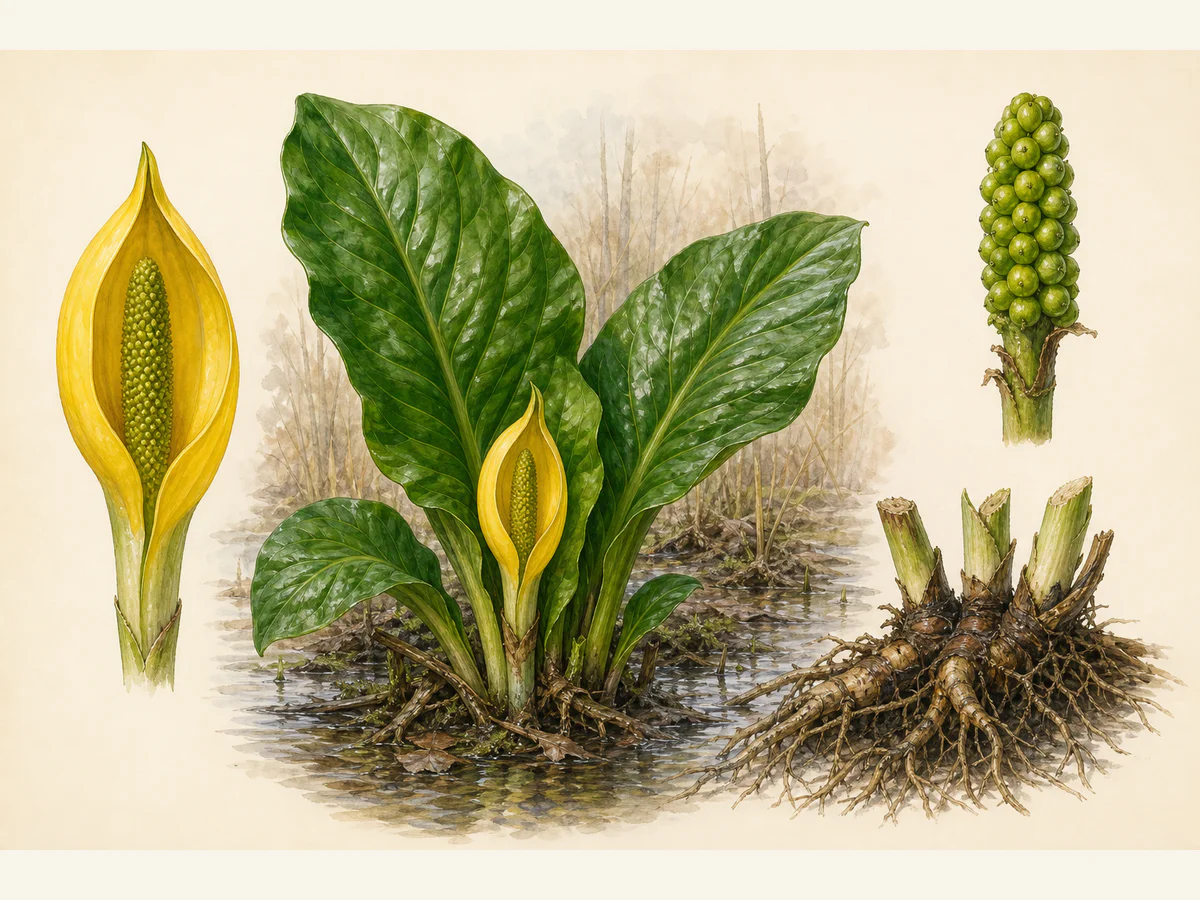Prancha ilustrada de Lysichiton americanus com espata amarela em torno de espádice verde, grandes folhas basais, espádice frutífero e rizoma com raízes