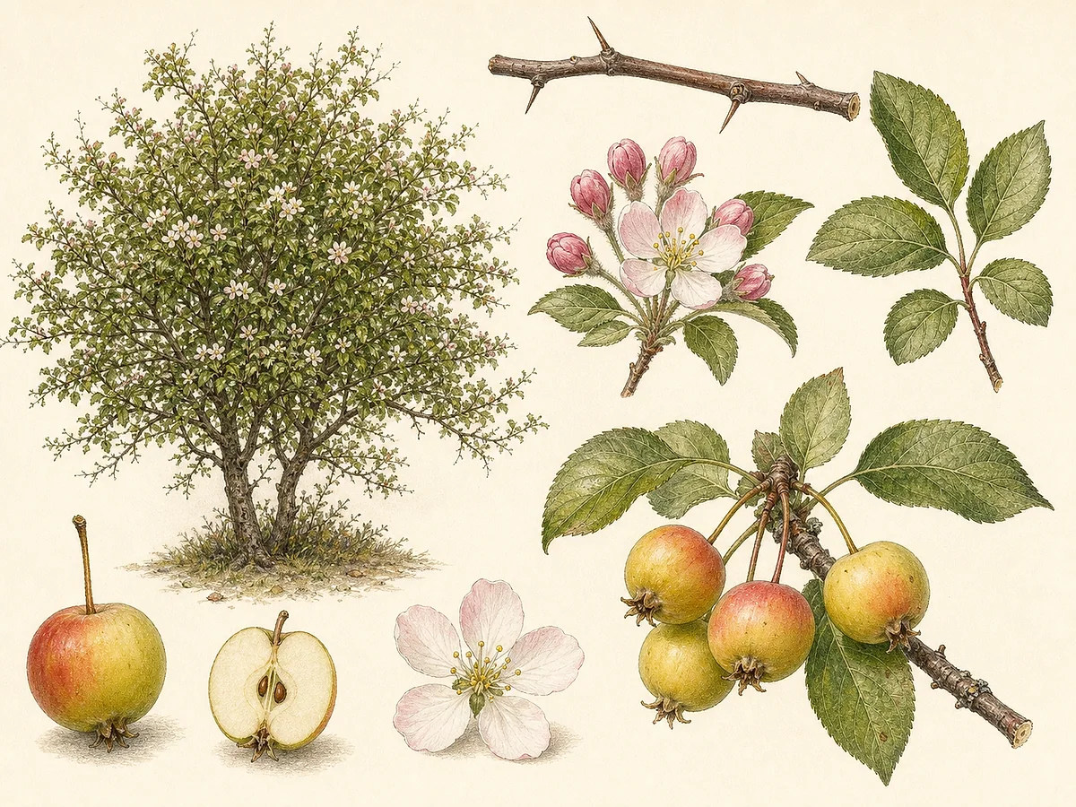 Prancha botânica de Malus sylvestris com pequena árvore caducifólia espinhosa, folhas ovais glabras, flores brancas rosadas e maçãs pequenas amarelo-esverdeadas