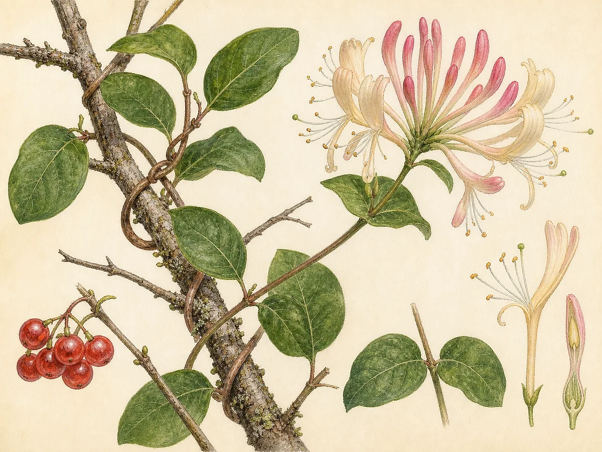 Prancha botânica de Lonicera periclymenum com caules volúveis, folhas opostas não fundidas, flores tubulares creme e rosa em cabeças terminais e bagas vermelhas