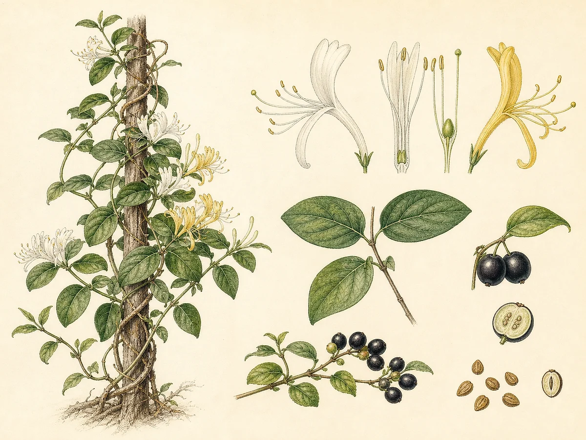 Prancha botânica documental de Lonicera japonica, trepadeira introduzida registada no arquipélago da Madeira
