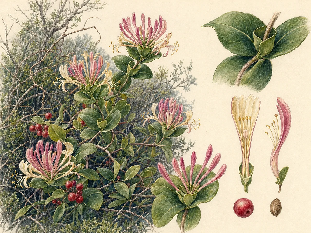 Prancha botânica de Lonicera implexa com liana perenifólia, folhas opostas coriáceas, pares superiores unidos, flores tubulares rosadas e bagas vermelhas