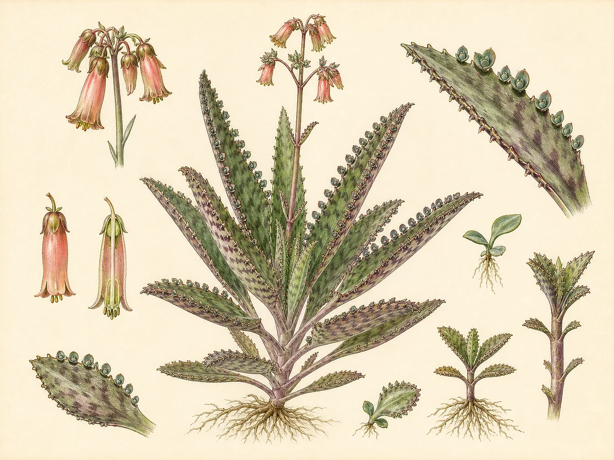 Prancha botânica de Kalanchoe daigremontiana com folhas triangulares e propágulos ao longo das margens