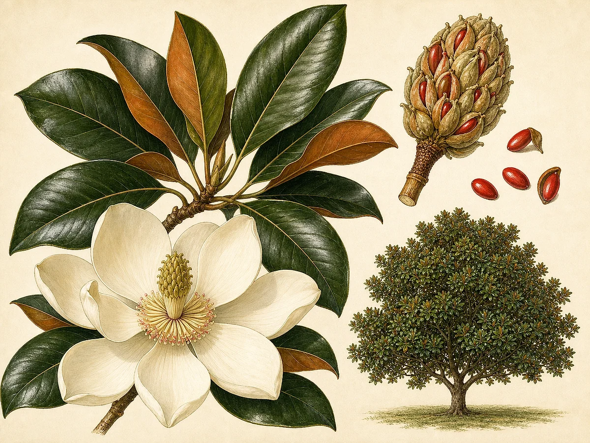Prancha botânica de Magnolia grandiflora com folhas coriáceas brilhantes de verso ferrugíneo, grande flor branca, cone frutífero e sementes vermelhas