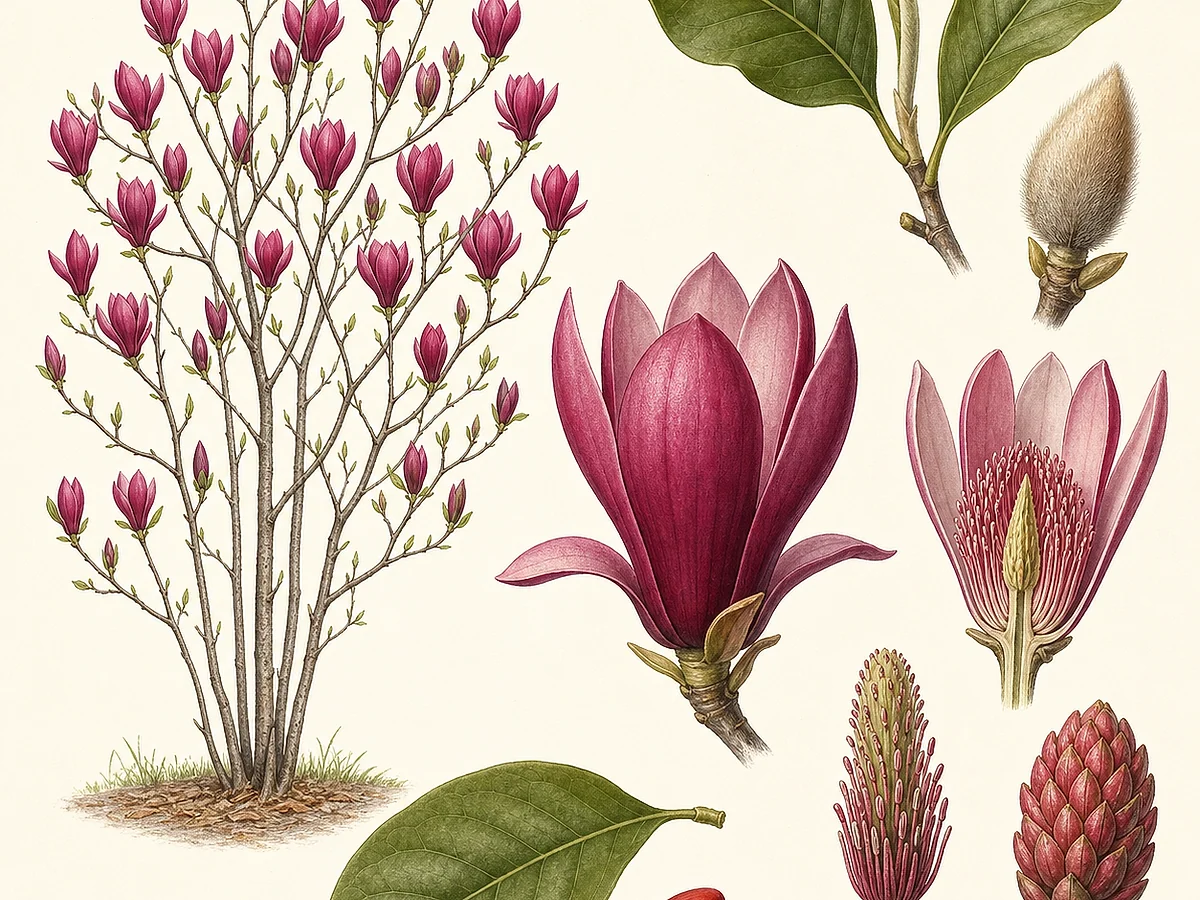 Prancha botânica de Magnolia liliiflora com arbusto caducifólio, folhas obovadas, botões pilosos, flores eretas púrpura em forma de lírio e fruto agregado