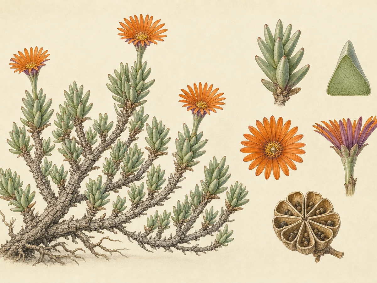 Prancha ilustrada de Malephora crocea com subarbusto prostrado de caules velhos fissurados, folhas glaucas de secção triangular, flores alaranjadas com verso arroxeado e cápsula multilocular