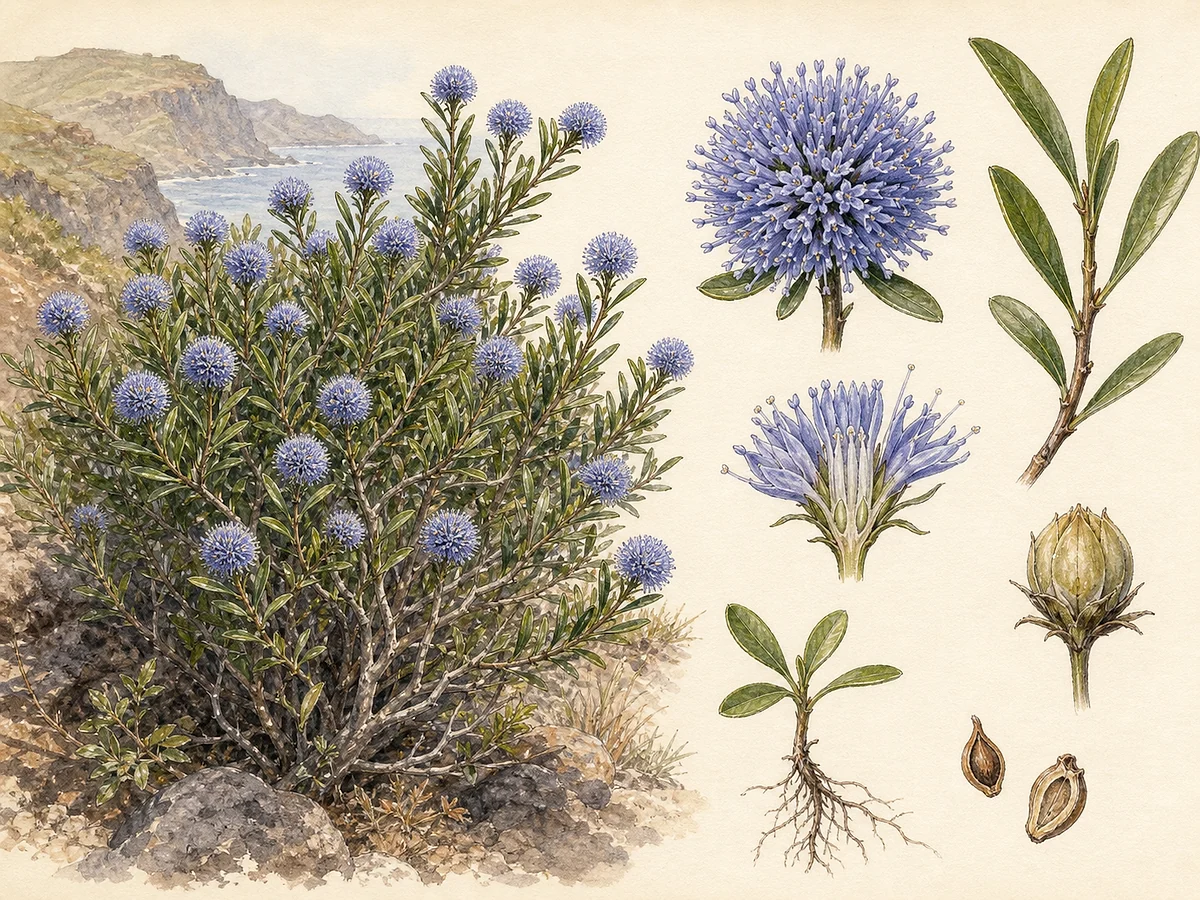 Prancha botânica de Globularia salicina com arbusto costeiro, folhas estreitas coriáceas, capítulos esféricos azul-lilás, flor tubular, fruto, semente e raízes