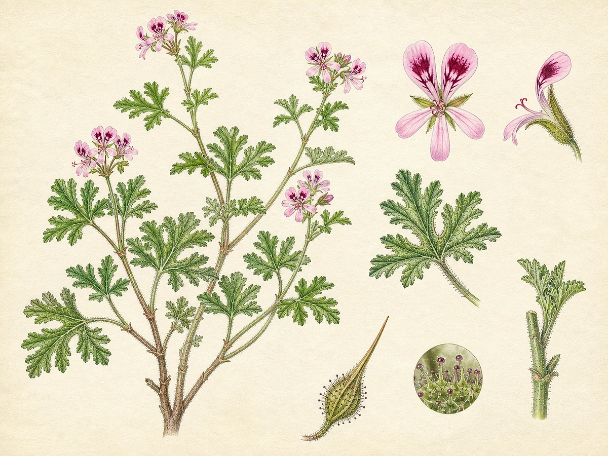 Prancha botânica de Pelargonium graveolens com subarbusto de folhas profundamente lobadas e glandulosas, flores rosa de pétalas superiores marcadas e fruto em bico