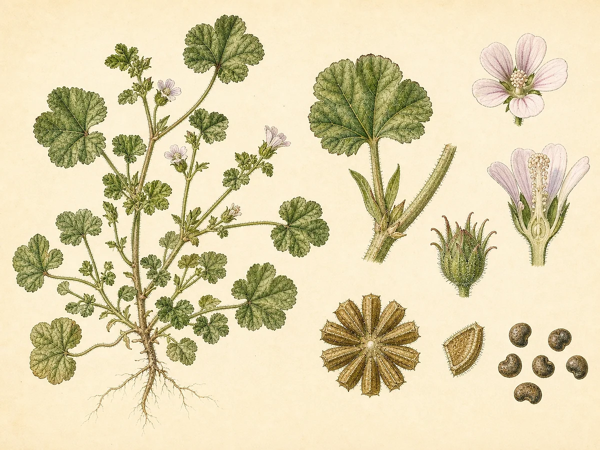 Prancha botânica de Malva parviflora com erva anual, folhas arredondadas, pequenas flores, cálice, mericarpos e sementes