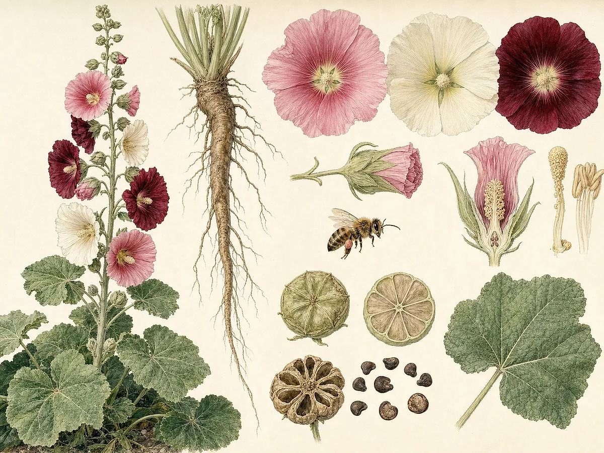 Ilustração botânica de malva-real com roseta de folhas lobadas, haste alta de flores simples rosadas, coluna estaminal, fruto em queijo e raiz pivotante