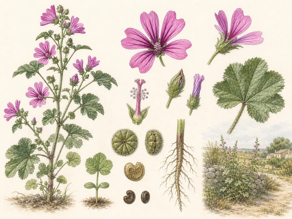 Prancha botânica de Malva sylvestris com folhas arredondadas lobadas, flores rosa-violeta nervadas, fruto em queijo e raiz principal