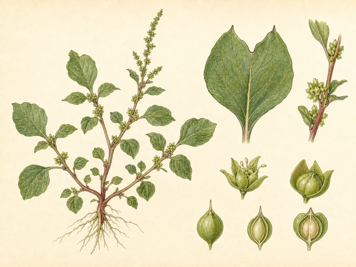 Prancha ilustrada de Malvastrum coromandelianum com folhas dentadas, flores amarelas axilares e mericarpos tricuspidados