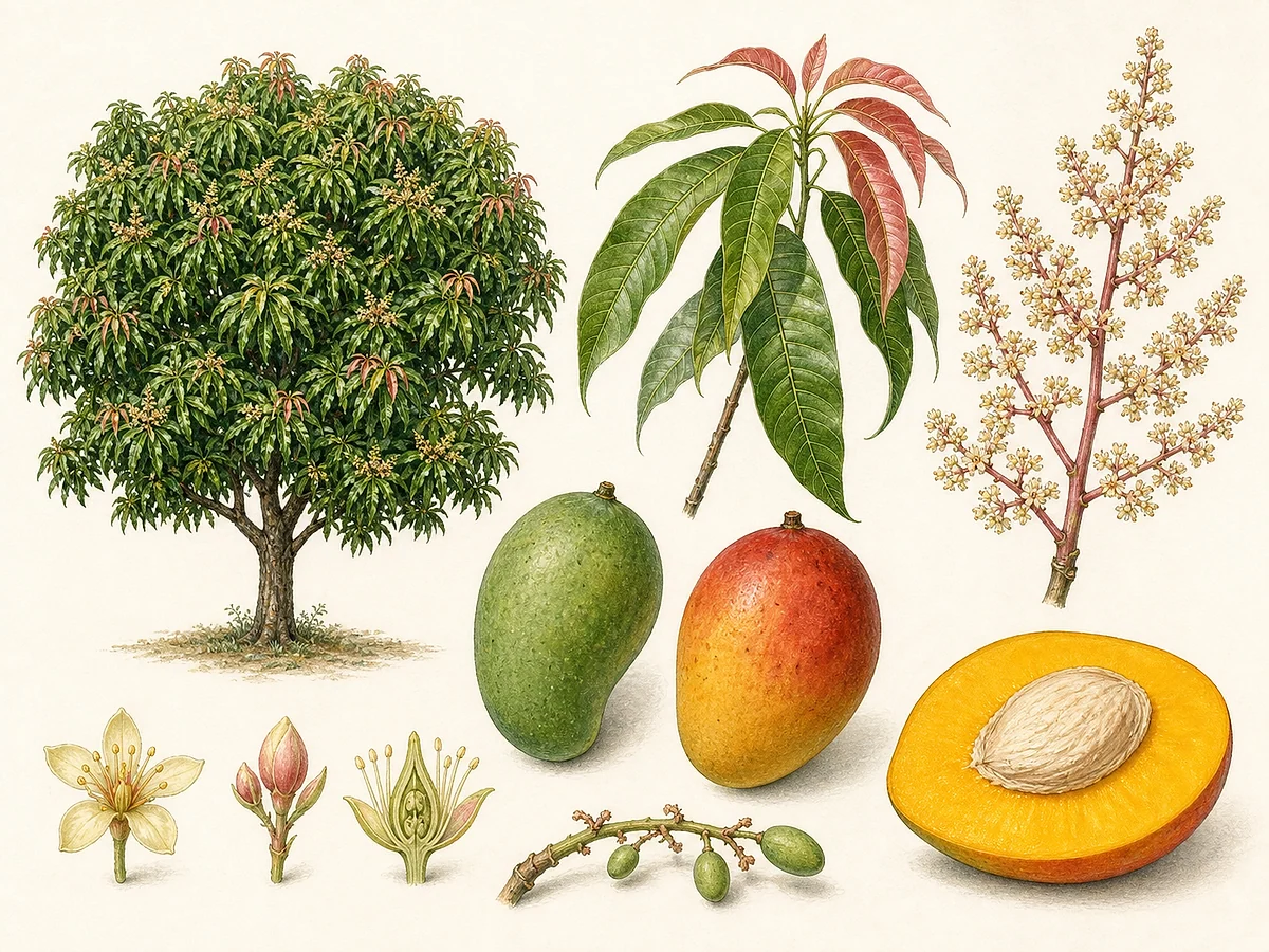 Prancha botânica de Mangifera indica com árvore, folhas adultas e jovens, panícula floral, mangas verde e madura e caroço