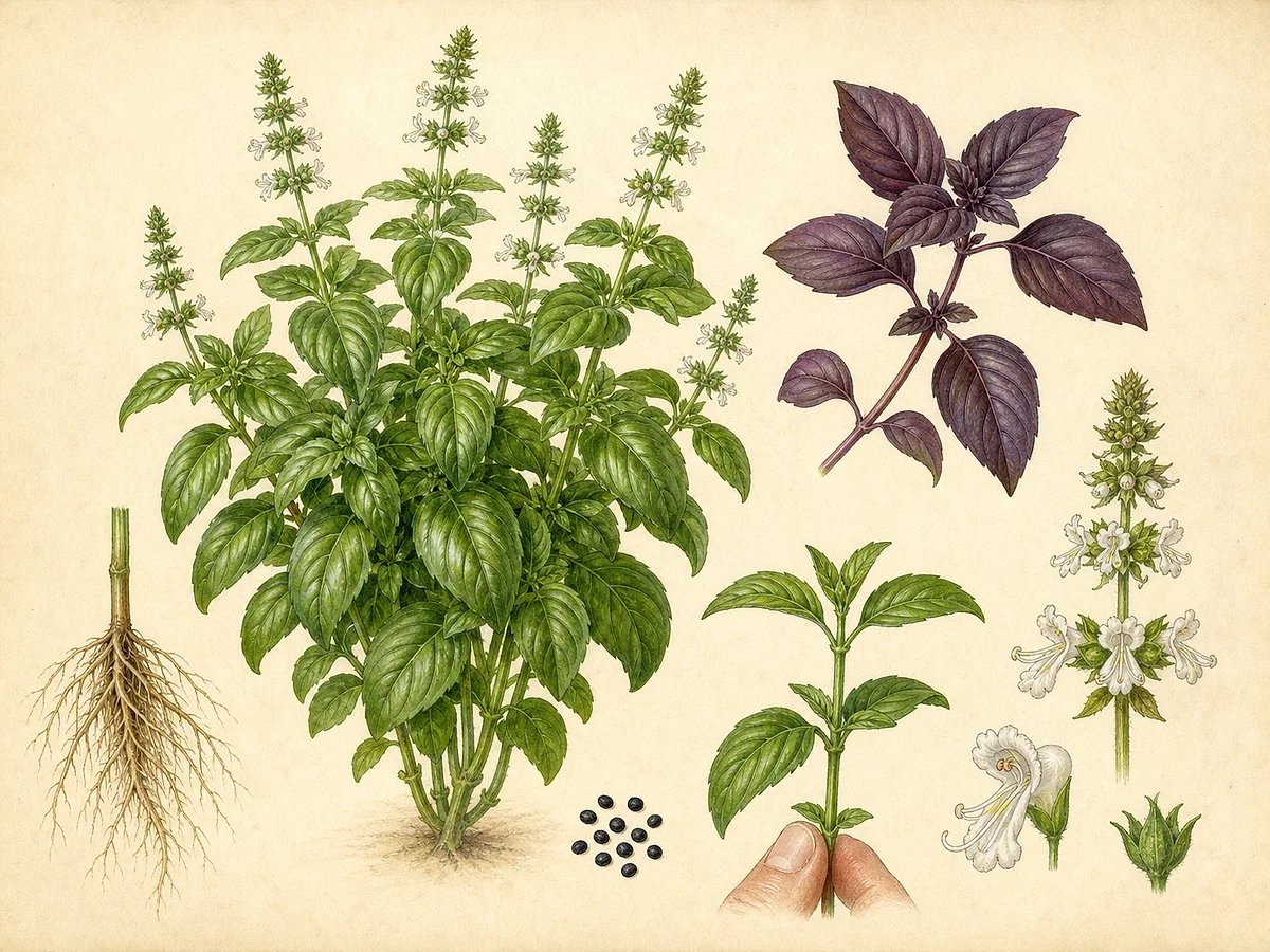 Ilustração botânica de manjericão com planta ramificada, folhas verdes e roxas, espiga de flores brancas bilabiadas, sementes e ponta colhida
