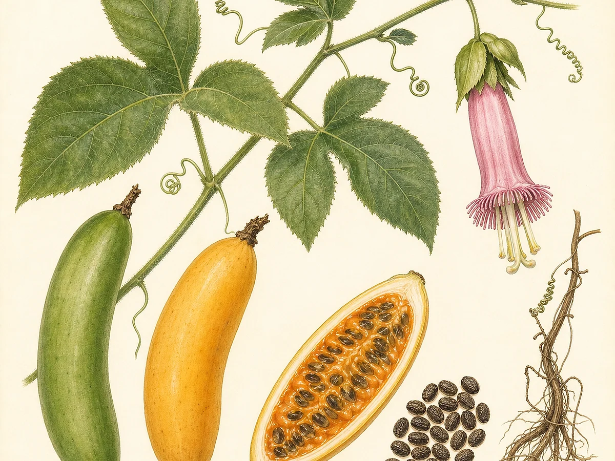Prancha de identificação de Passiflora tripartita var. mollissima com folhas trilobadas pilosas, flor tubular rosa, frutos amarelos alongados, sementes e caule enraizado