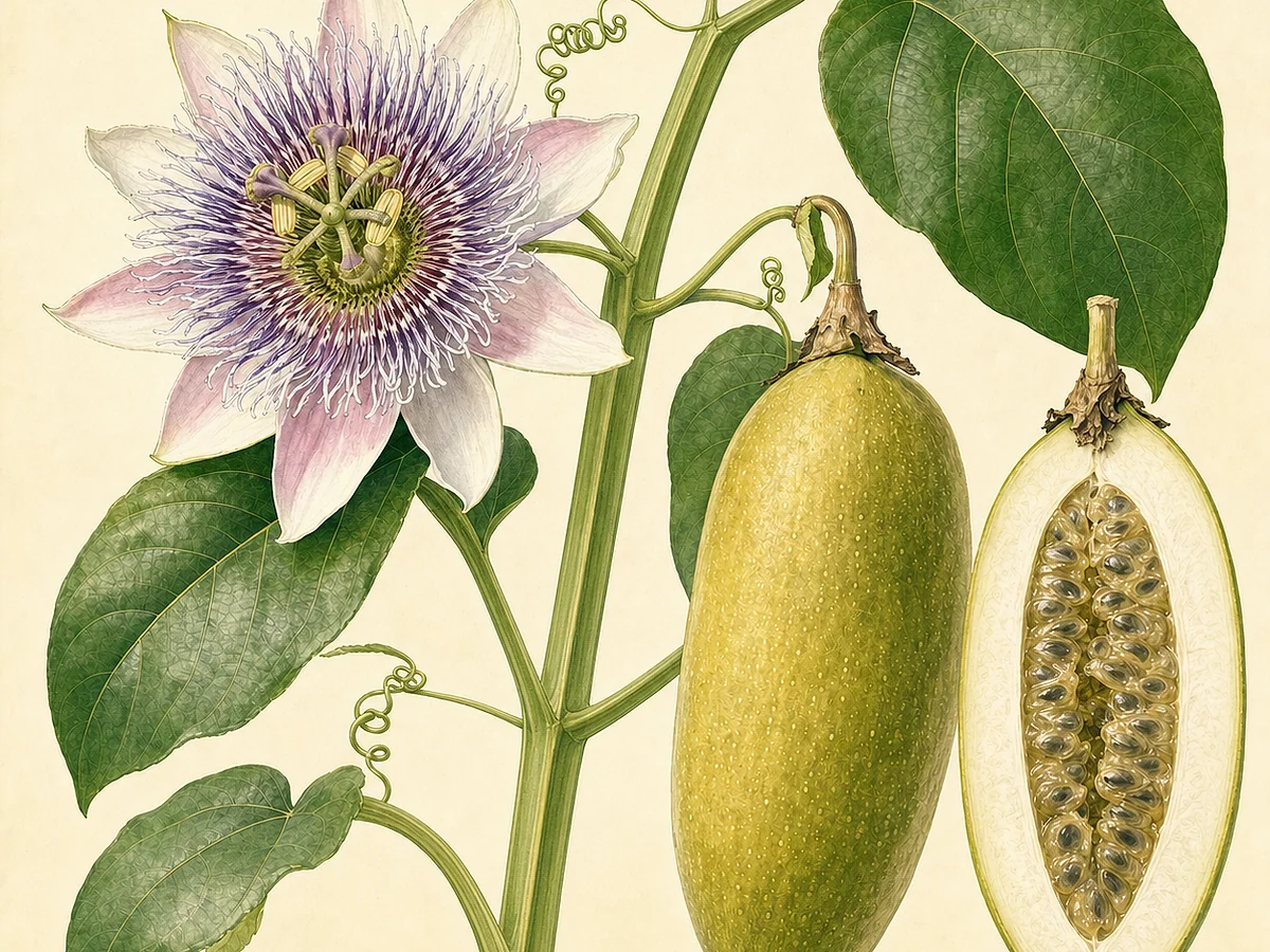 Prancha botânica de Passiflora quadrangularis com caule quadrangular alado, folhas inteiras, flor grande rosa e púrpura e fruto gigante inteiro e cortado