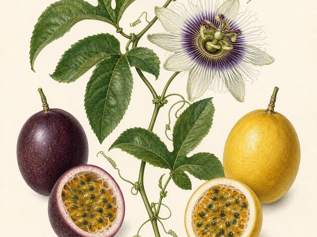 Prancha botânica de Passiflora edulis com folhas trilobadas, flor branca e púrpura, frutos roxo e amarelo inteiros e cortados com polpa alaranjada