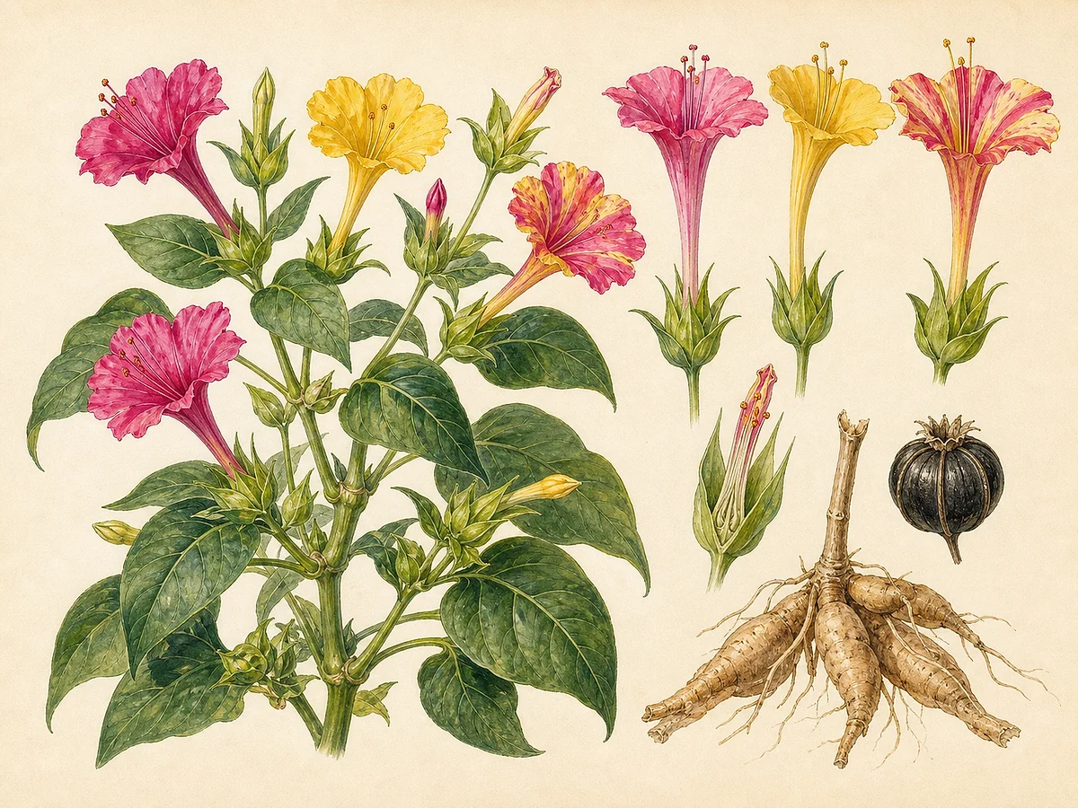 Prancha botânica de Mirabilis jalapa com folhas opostas, flores tubulares multicolores, fruto escuro e raiz tuberosa