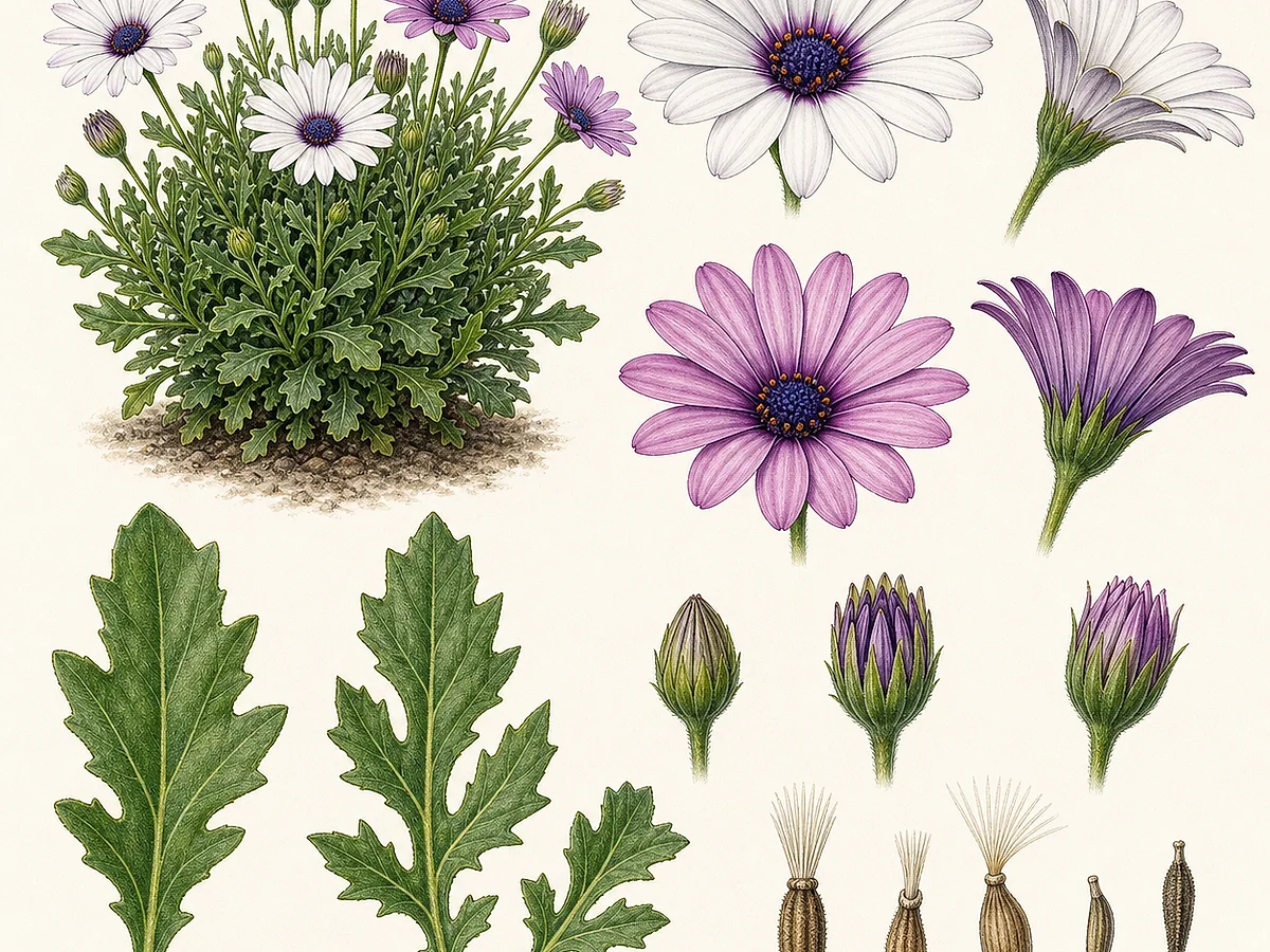 Prancha botânica de Dimorphotheca ecklonis com subarbusto, folhas verdes dentadas, capítulos brancos e violetas com disco azul-escuro e aquénios