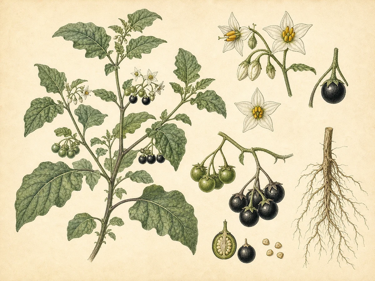 Prancha botânica de Solanum nigrum com planta anual, folhas ovadas, flores brancas estreladas, bagas verdes e negras e sementes