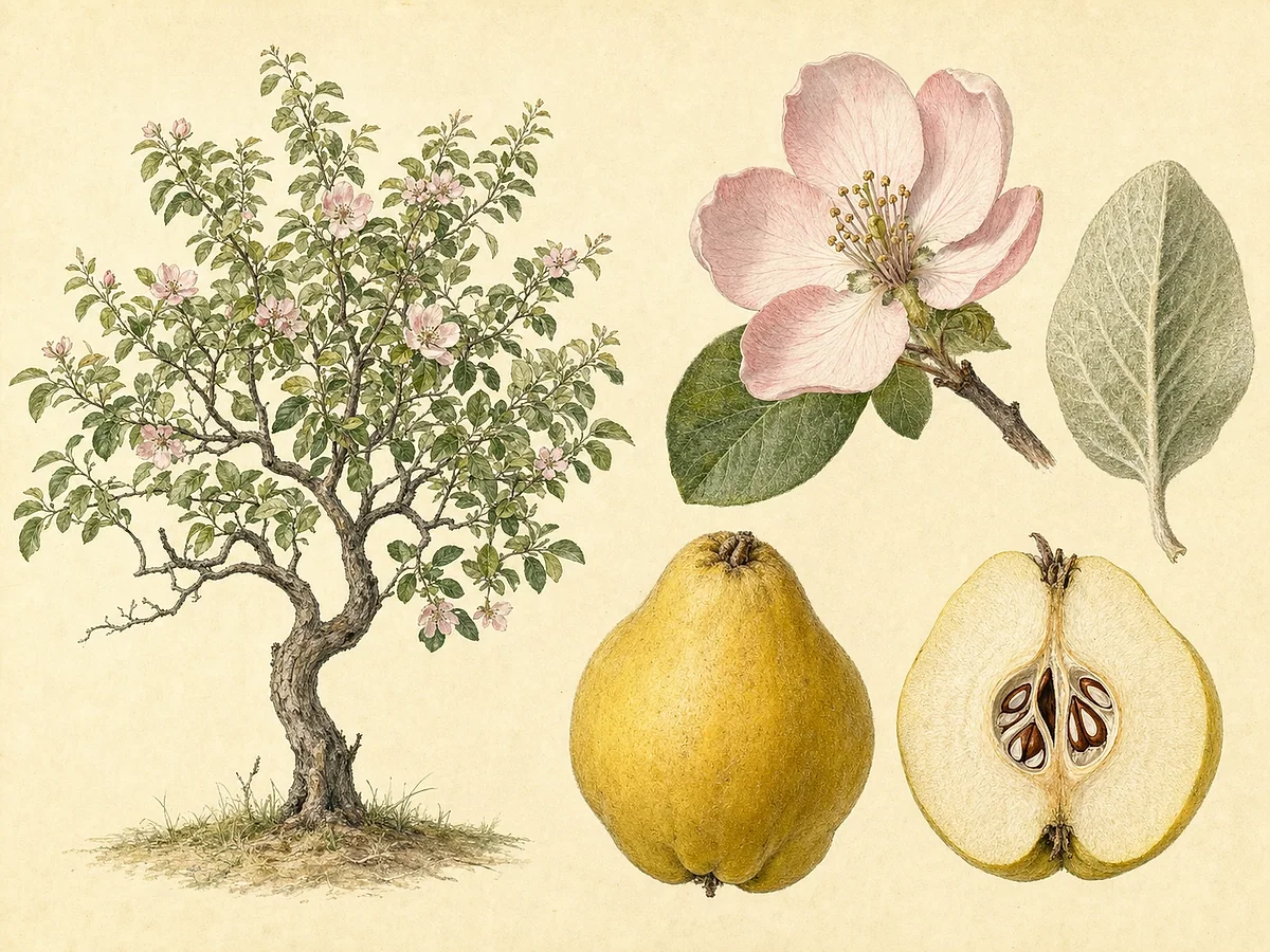 Ilustração botânica de marmeleiro de copa aberta com flores rosadas, folhas ovais felpudas e marmelos amarelos piriformes, um cortado