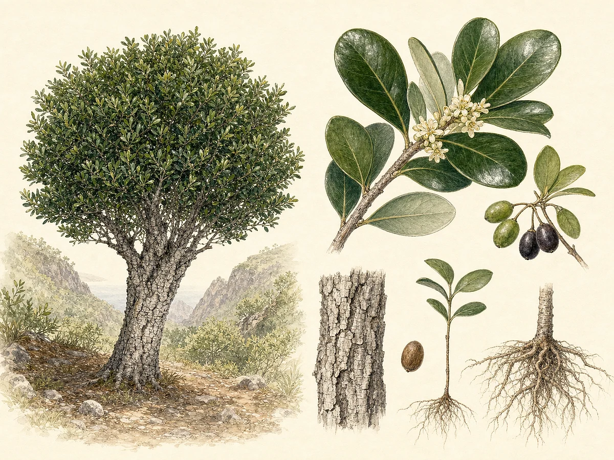 Prancha botânica de Sideroxylon mirmulans com pequena árvore costeira, folhas obovadas coriáceas, flores axilares cremes, bagas verdes e negro-púrpura, semente, casca e raízes