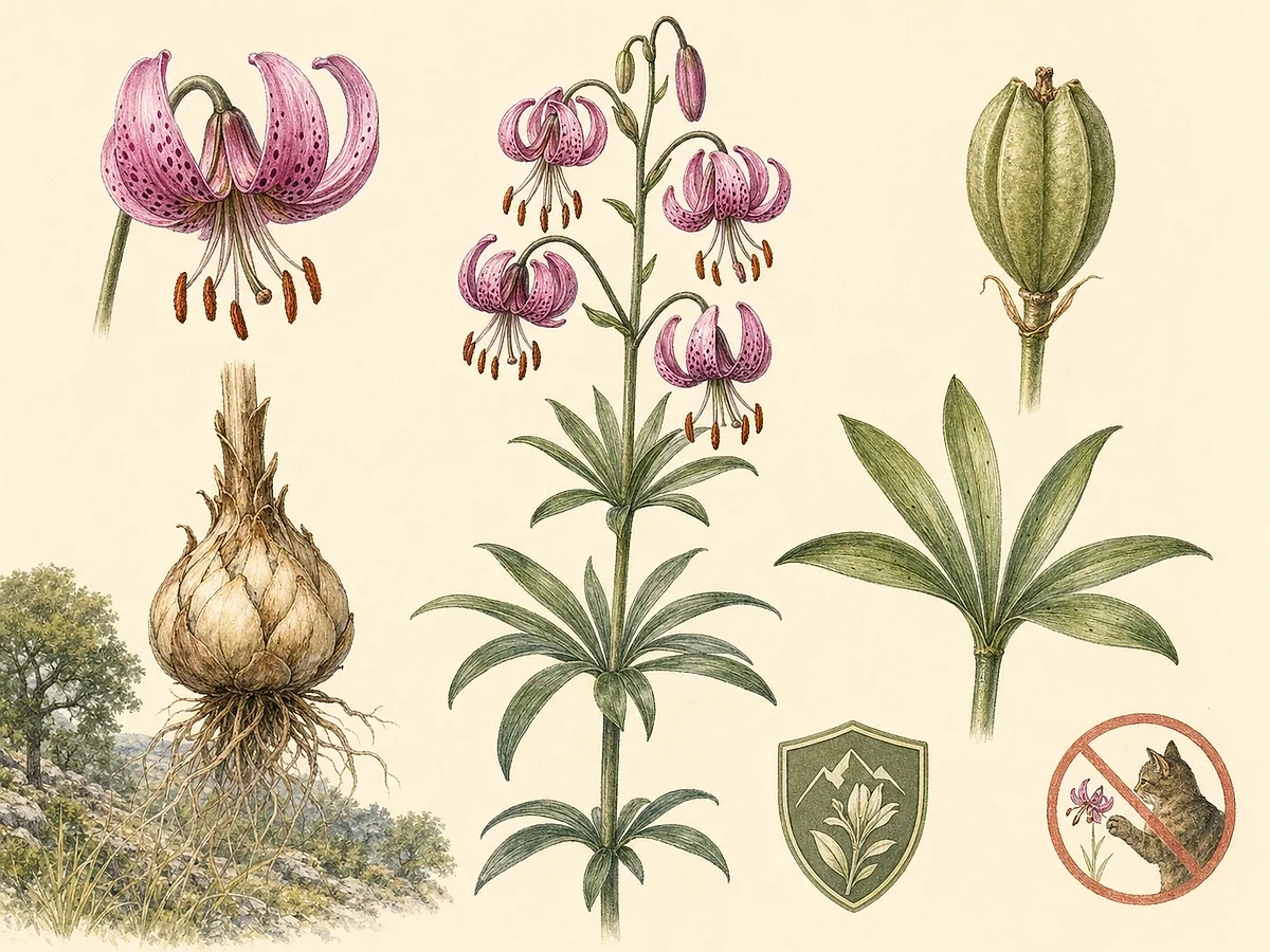 Prancha botânica de Lilium martagon com bolbo escamoso, folhas em verticilos, haste alta e flores rosa-púrpura pendentes de tépalas recurvadas e pintas escuras