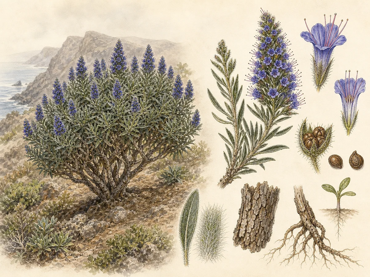 Prancha botânica de Echium nervosum com arbusto costeiro arredondado, folhas estreitas pilosas, inflorescências azuis, flor com estames salientes, núculas, casca e raízes