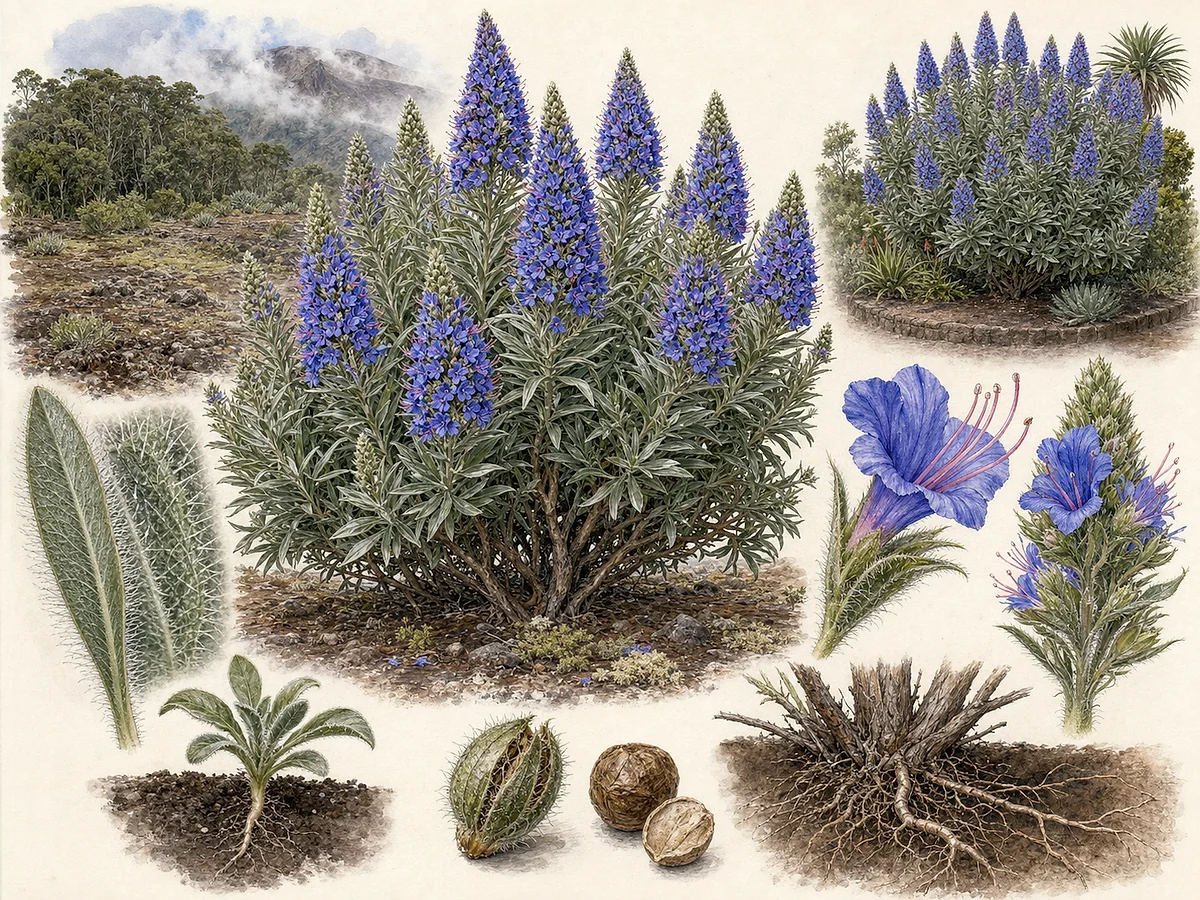 Prancha botânica de Echium candicans com arbusto arredondado, folhas lanceoladas cinzento-pilosas e grandes panículas cónicas de flores azuis