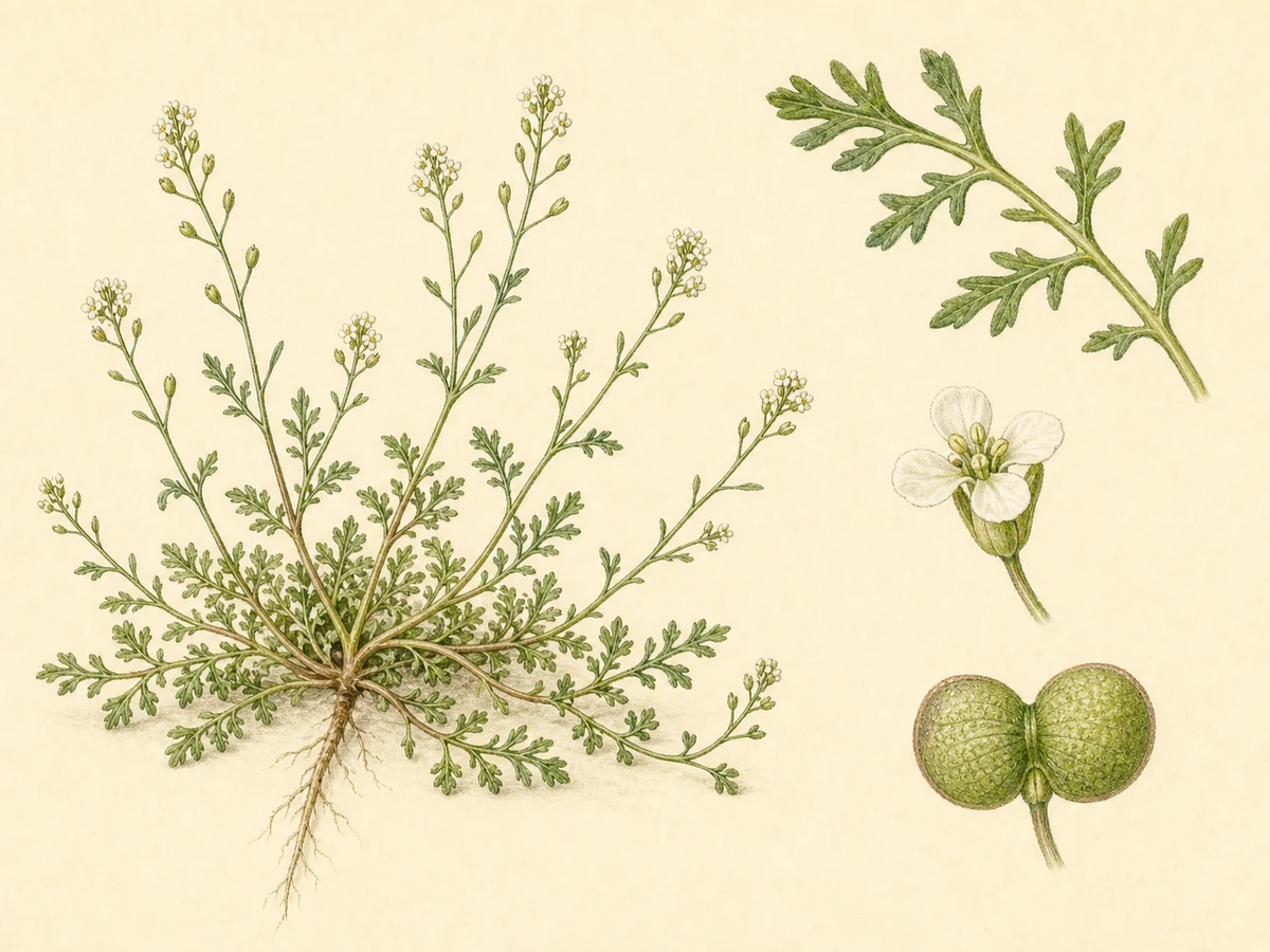 Prancha ilustrada de Coronopus didymus, nome aceite Lepidium didymum, com hábito prostrado, folhas pinatissectas, flores brancas pequenas e fruto bilobado
