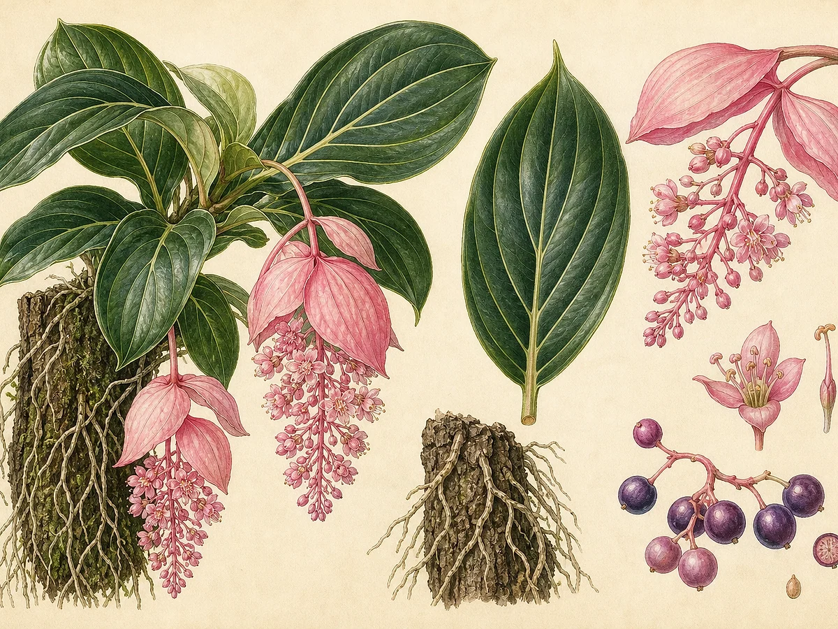 Prancha botânica de Medinilla magnifica com arbusto epífito, folhas grandes nervadas, panículas pendentes de flores rosadas e brácteas, bagas e raízes