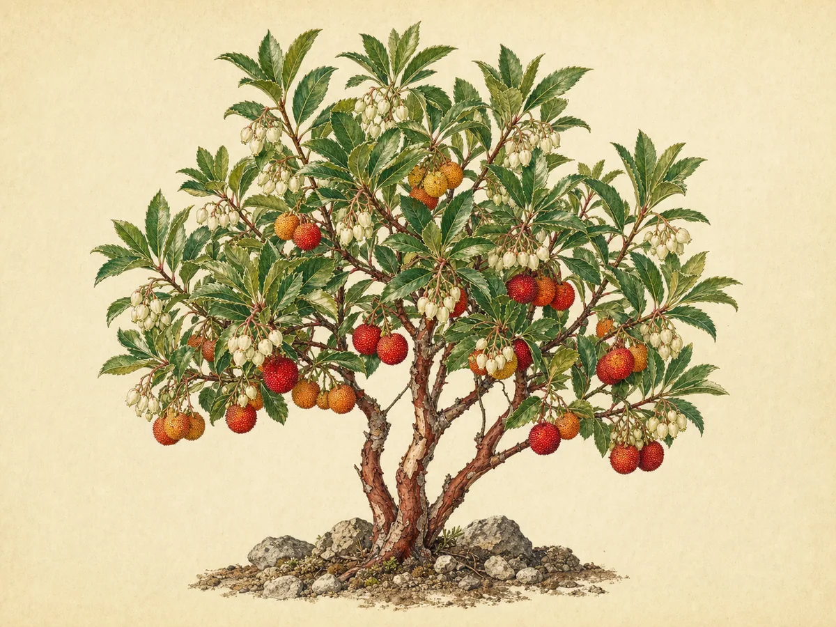 Ilustração botânica de um medronheiro com casca avermelhada, flores em campainha e frutos maduros