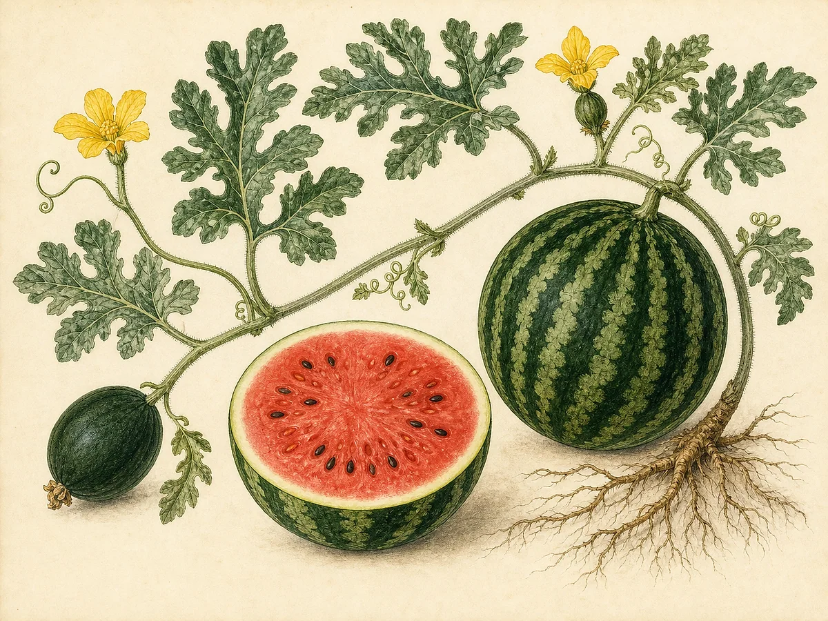Ilustração botânica de melancieira com folha profundamente recortada, gavinhas, flores masculinas e femininas, fruto listado inteiro e aberto