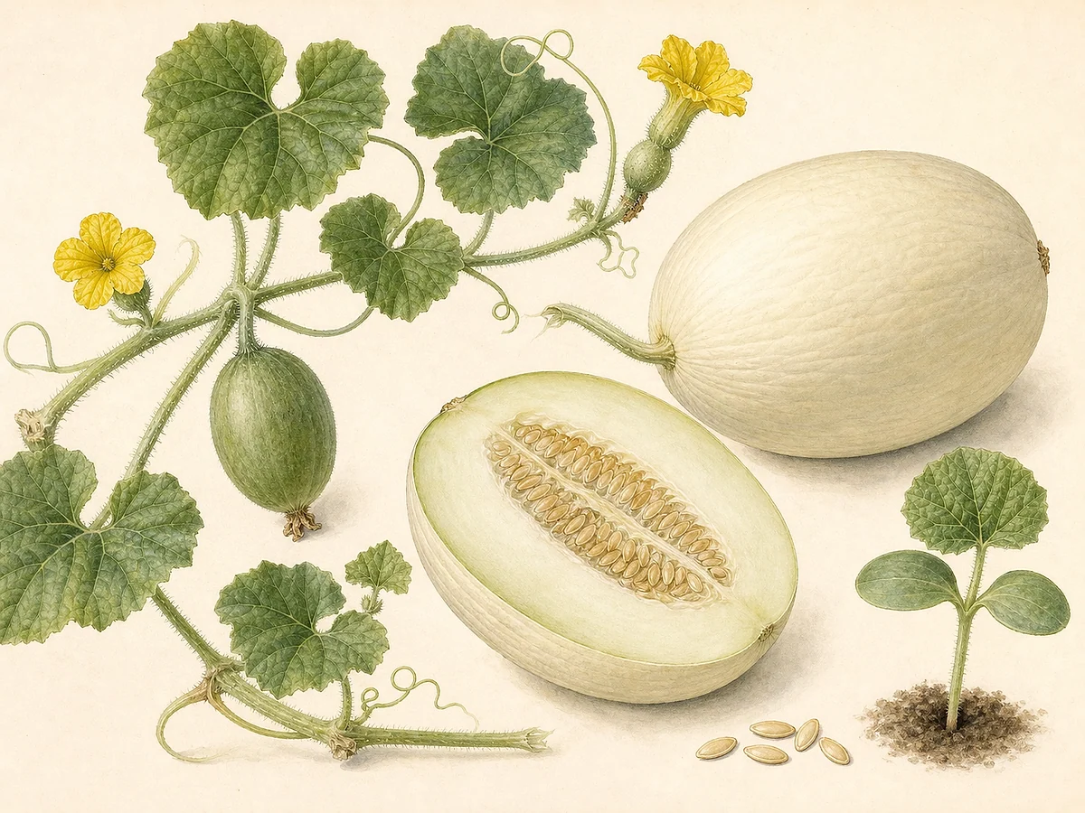 Prancha botânica do melão Branco do Ribatejo com rama, flor amarela, fruto oval de casca clara, corte de polpa branca e sementes