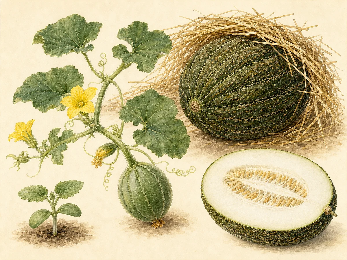Prancha botânica do melão Manuel António com rama, flor, fruto arredondado de casca verde encortiçada, corte de polpa branca e sementes