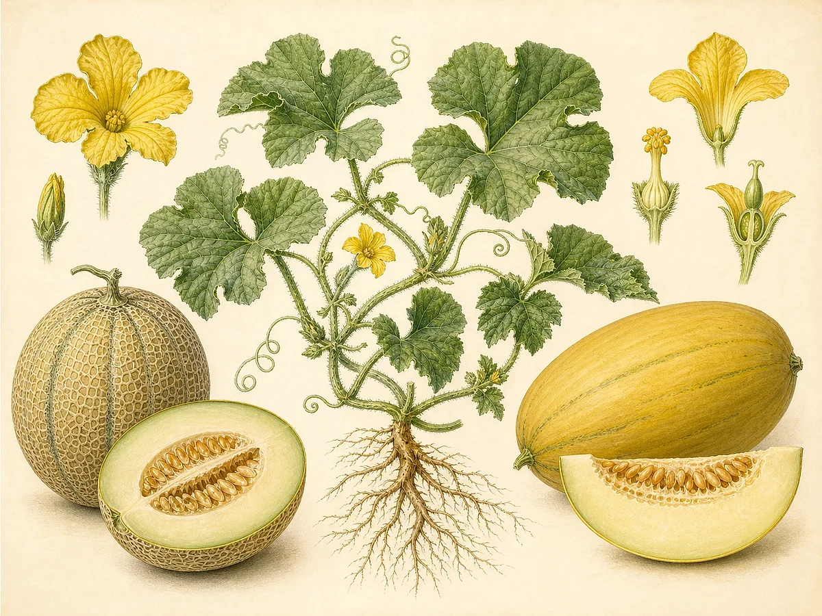 Ilustração botânica de meloeiro rasteiro com gavinhas, flores masculinas e femininas, melão rendilhado e liso e fruto aberto