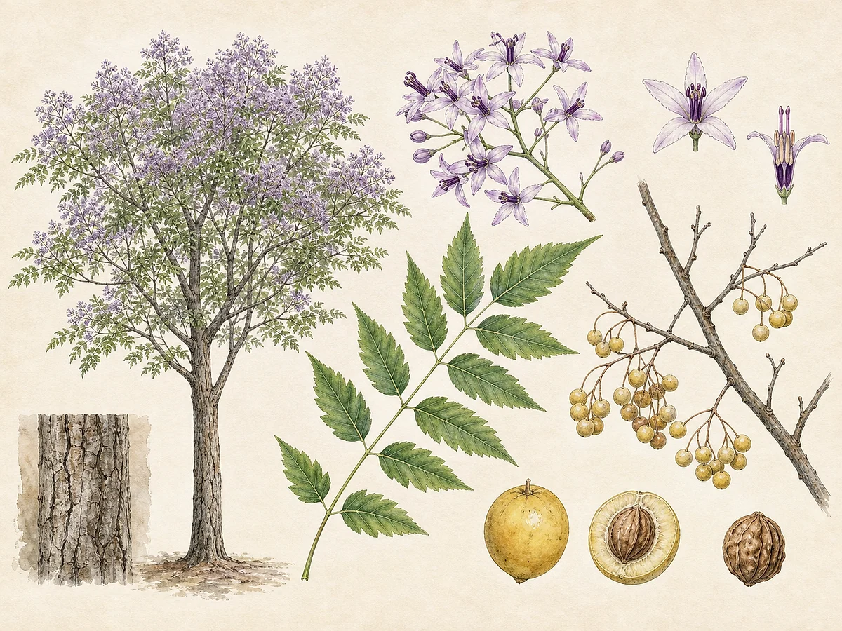 Prancha botânica de Melia azedarach com copa aberta, folhas bipinadas, panículas lilases, cachos de drupas amarelas persistentes e caroço