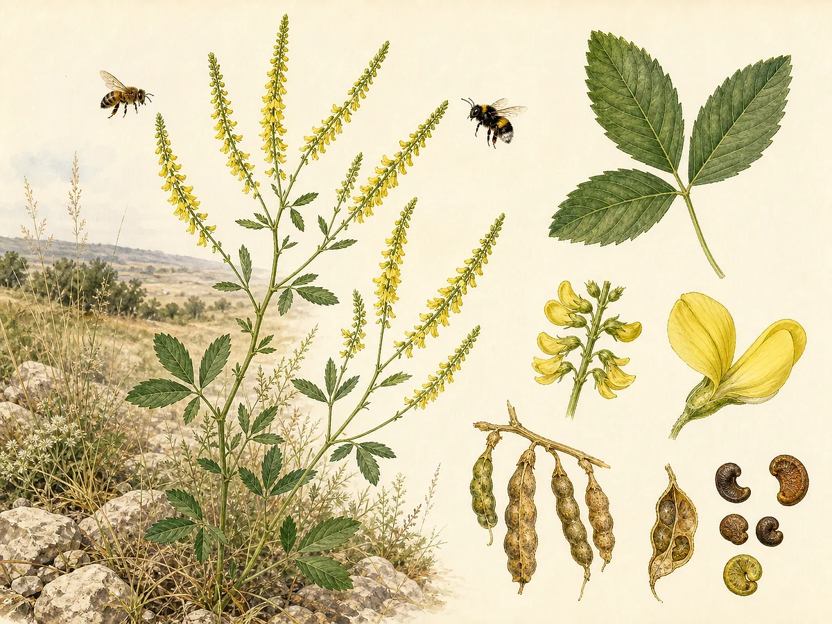 Prancha botânica de Melilotus officinalis com planta alta ramificada, folhas trifoliadas serradas, cachos estreitos de flores amarelas e pequenas vagens enrugadas