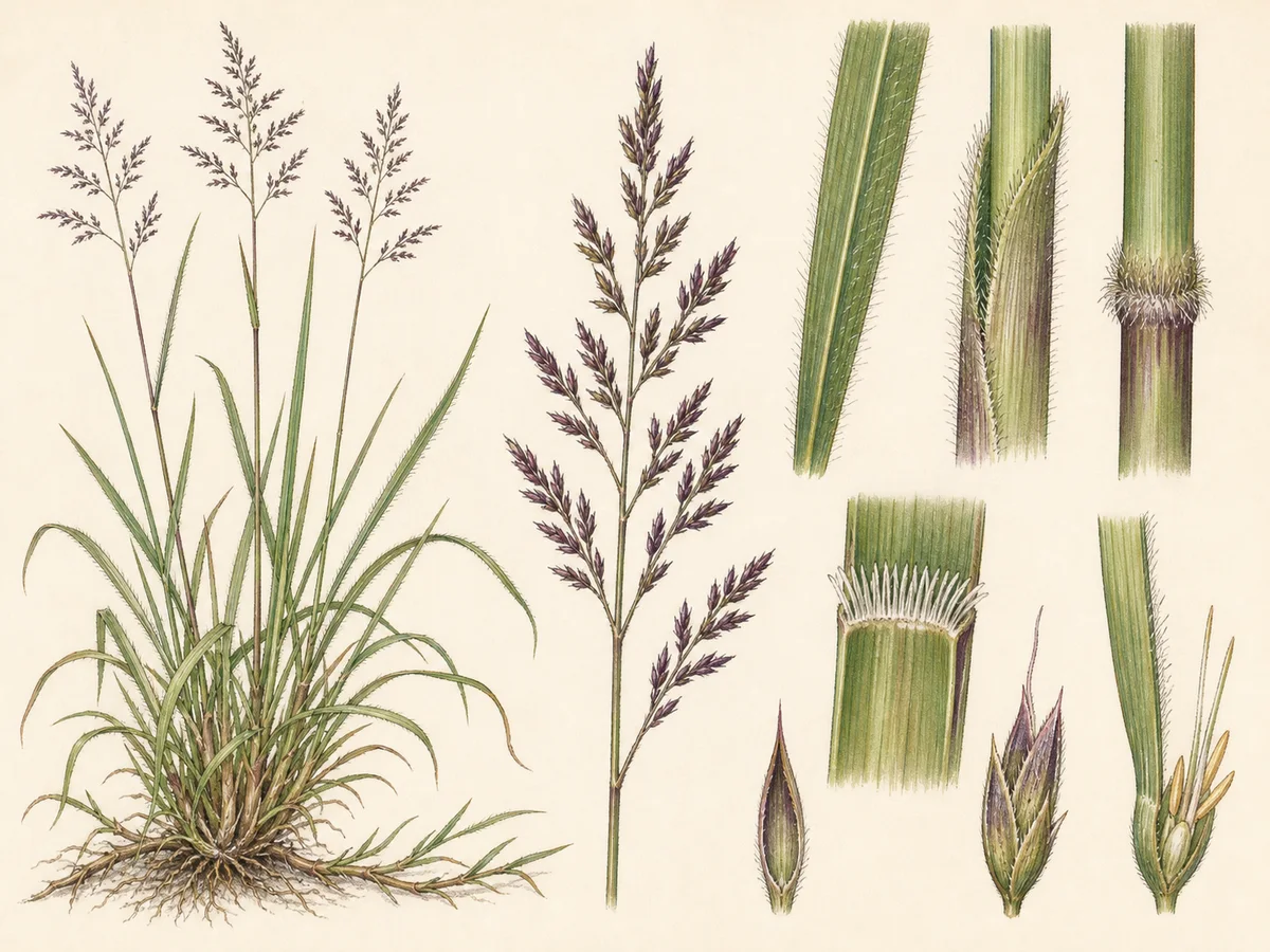 Prancha de Melinis minutiflora com colmos ascendentes, folhas e bainhas viscosas, nós barbudos e panícula densa purpúrea
