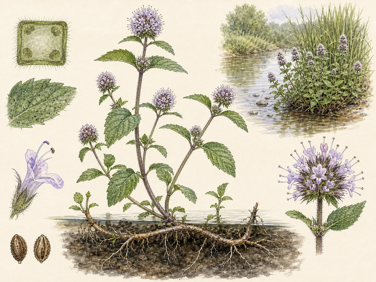 Prancha botânica de Mentha aquatica com caules quadrangulares avermelhados, folhas opostas dentadas, cabeças florais lilases, rizomas rastejantes e raízes