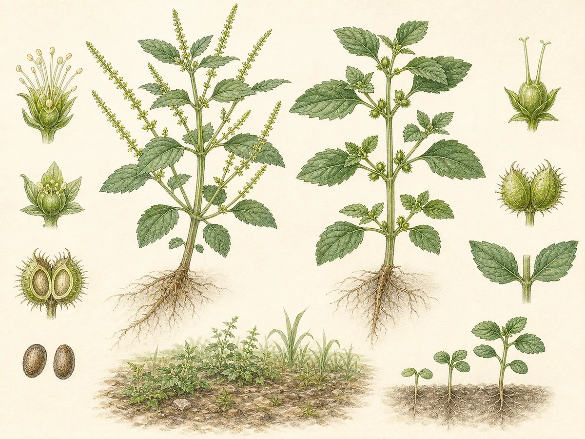 Prancha botânica de Mercurialis annua mostrando plantas masculina e feminina, folhas opostas serradas, espigas masculinas e cápsulas axilares