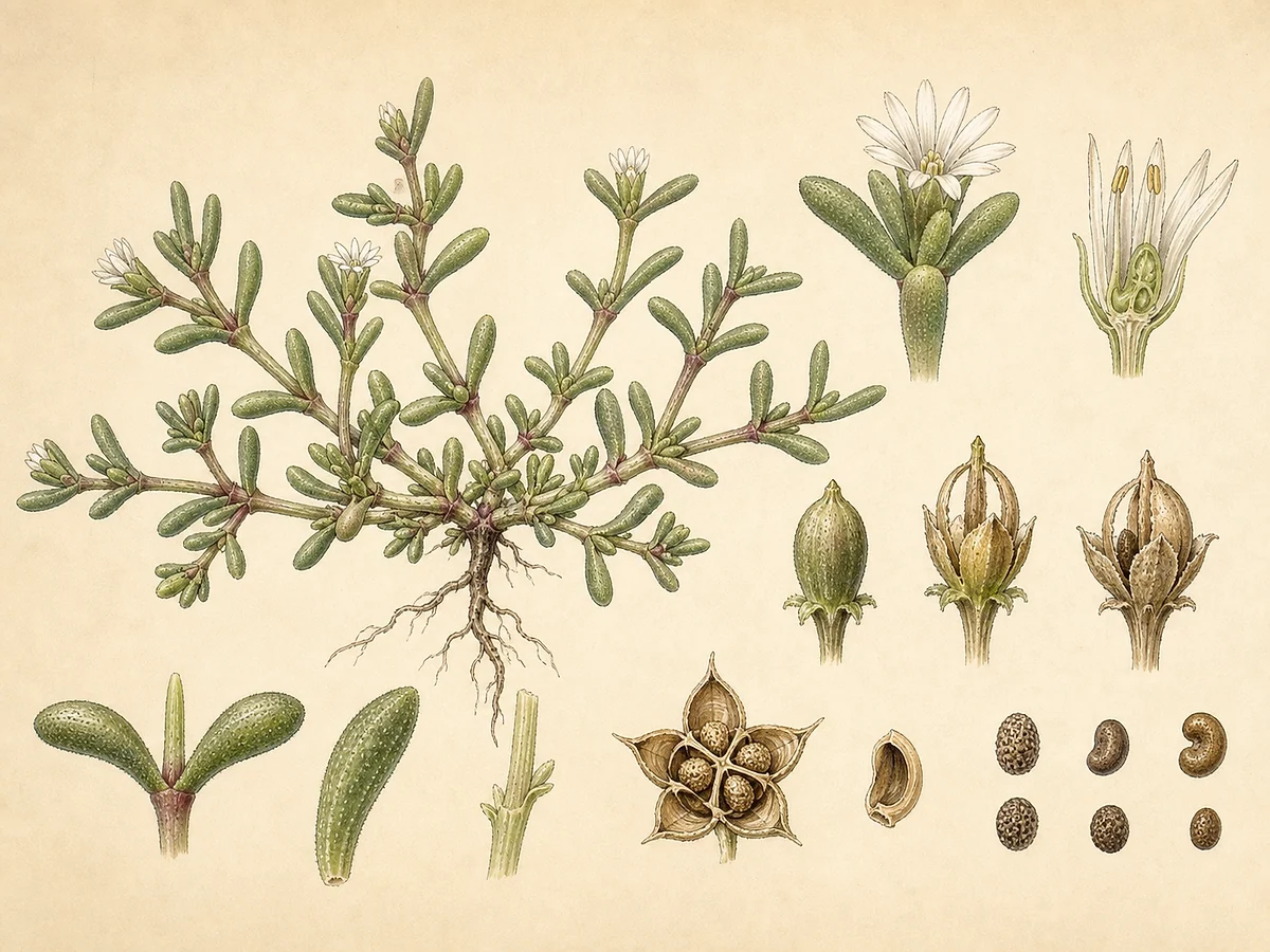 Prancha botânica de Mesembryanthemum nodiflorum com erva suculenta papilosa, folhas, pequenas flores brancas, cápsula e sementes